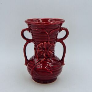 Shawnee Pottery Double Handle Urn Vase Burgundy Embossed Ribbed Flower 7 In USA